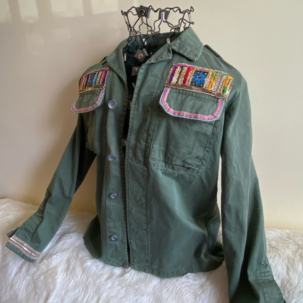 Bebe Boho Embellished Military Jacket - Army Green Size Large - Picture 6 of 15